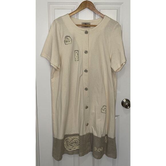 On The Rocks Khaki Linen Shift Dress Women’s Casual Boho Vacation USA Made Large - Picture 1 of 7
